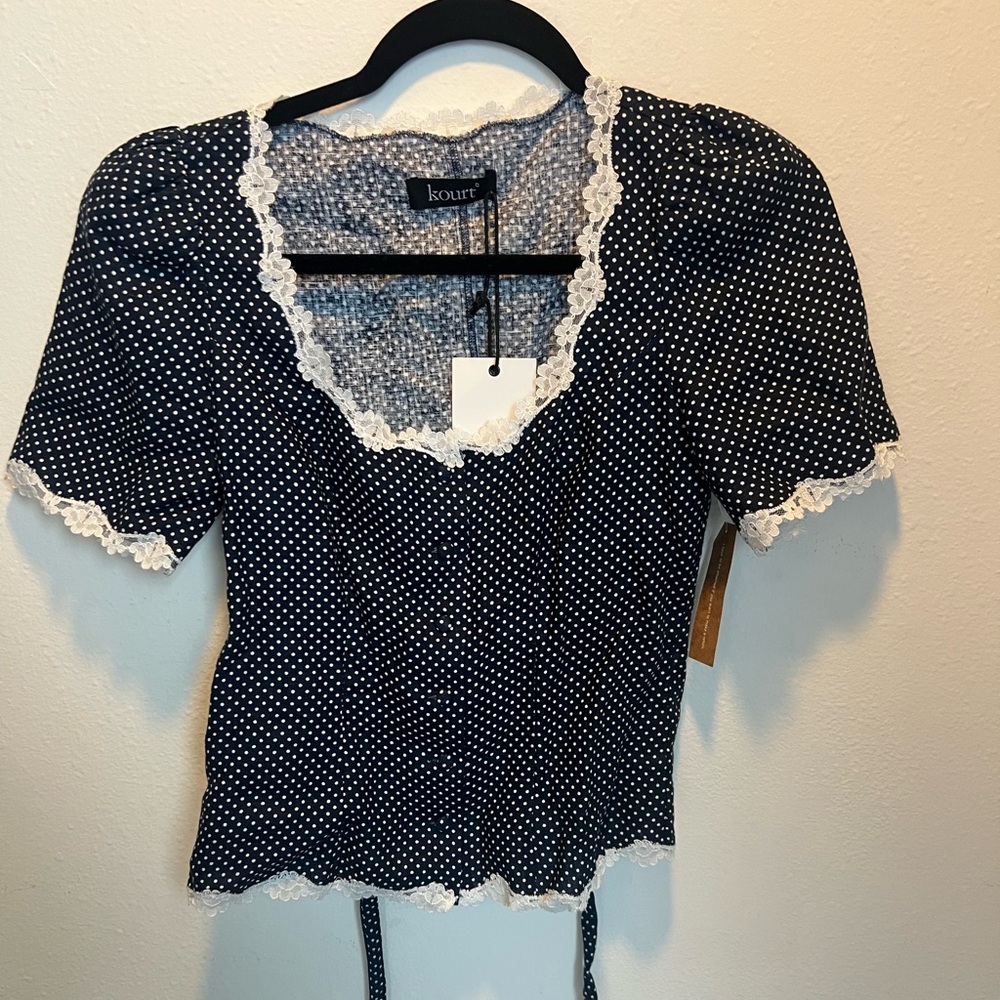 Kourt Navy Polka Dot Blouse with Lace Trim
